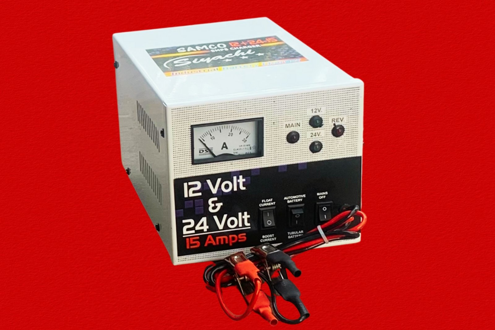 Professional SMPS Battery Charger 12 volt 24 volt 15 Amp with digital display meter, featuring automatic voltage detection for automotive and industrial applications