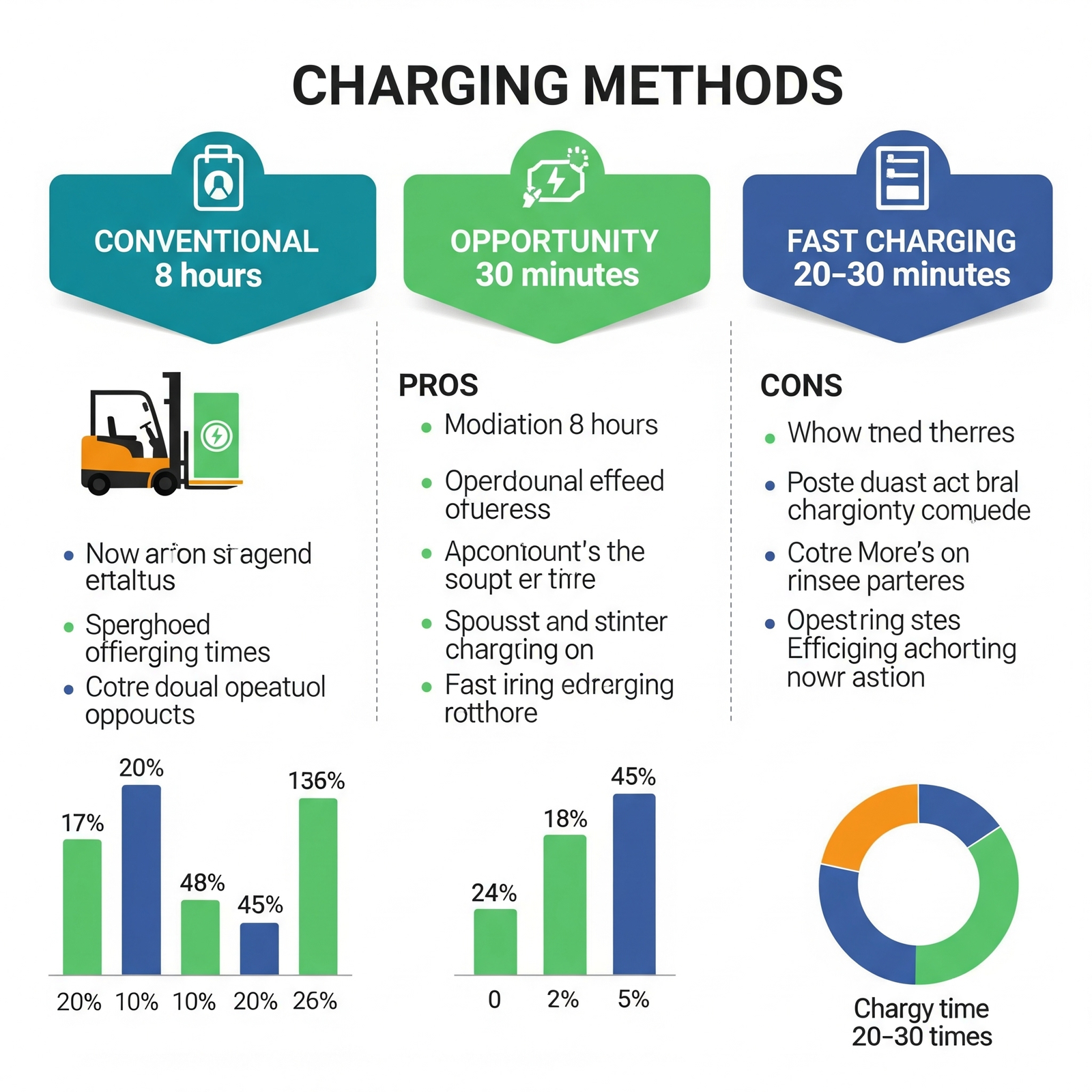 Comparison chart of conventional, opportunity, and fast battery charging methods for forklifts