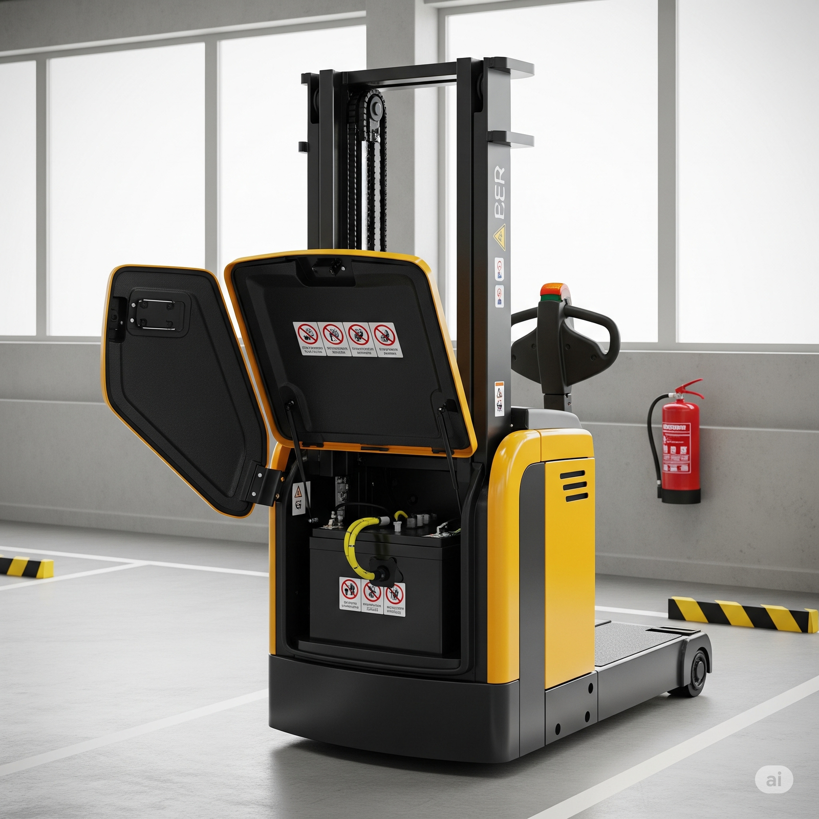 Forklift parked in safe ventilated charging area with fire safety equipment