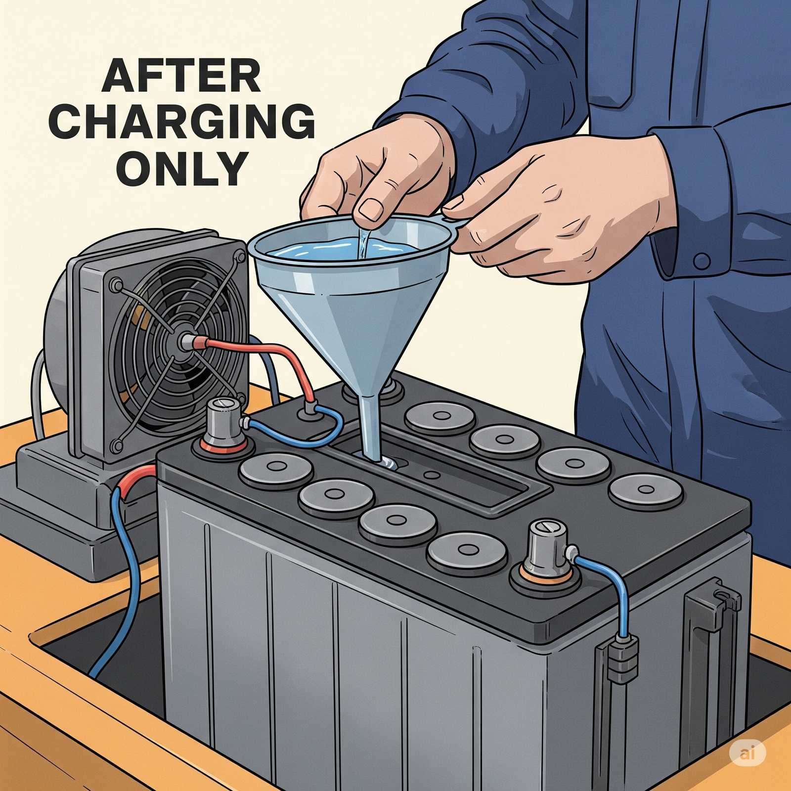 Worker refilling distilled water in lead-acid forklift battery after charging