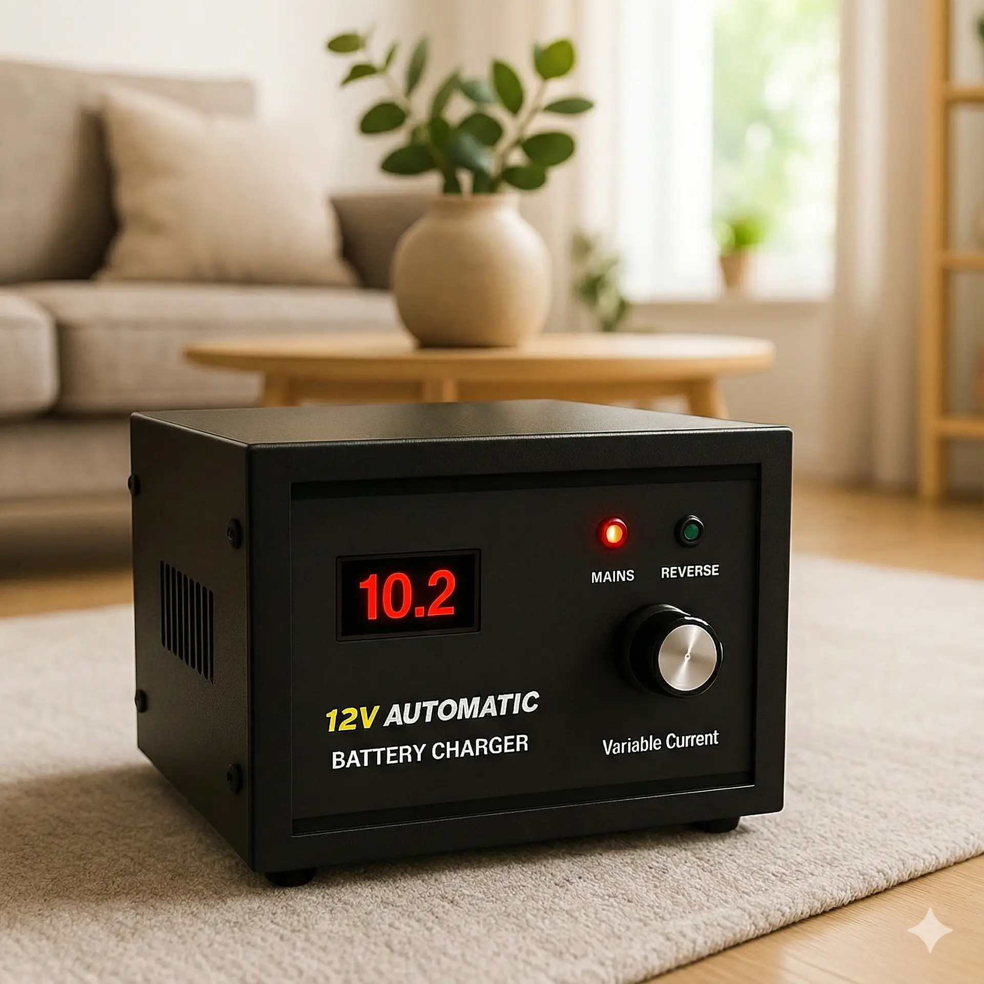 12 volt battery charger 12V 10A with digital meter (live current), variable knob (0–10A) and maintainer mode