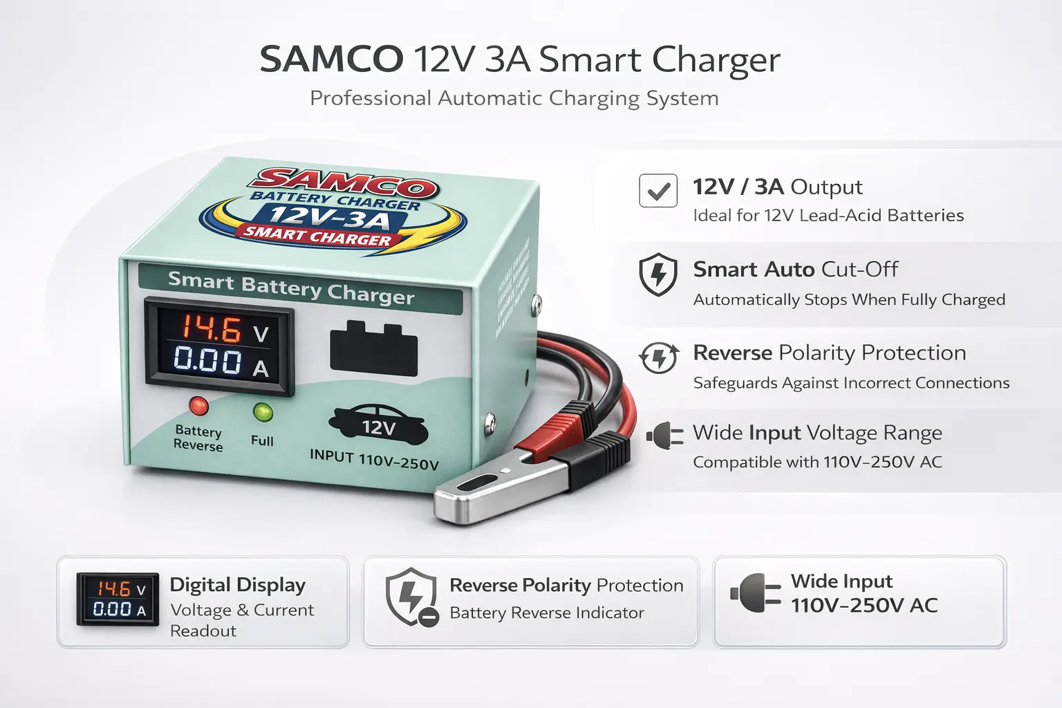 Samco 12V 3A Smart Battery Charger infographic showing features specifications and compatibility India