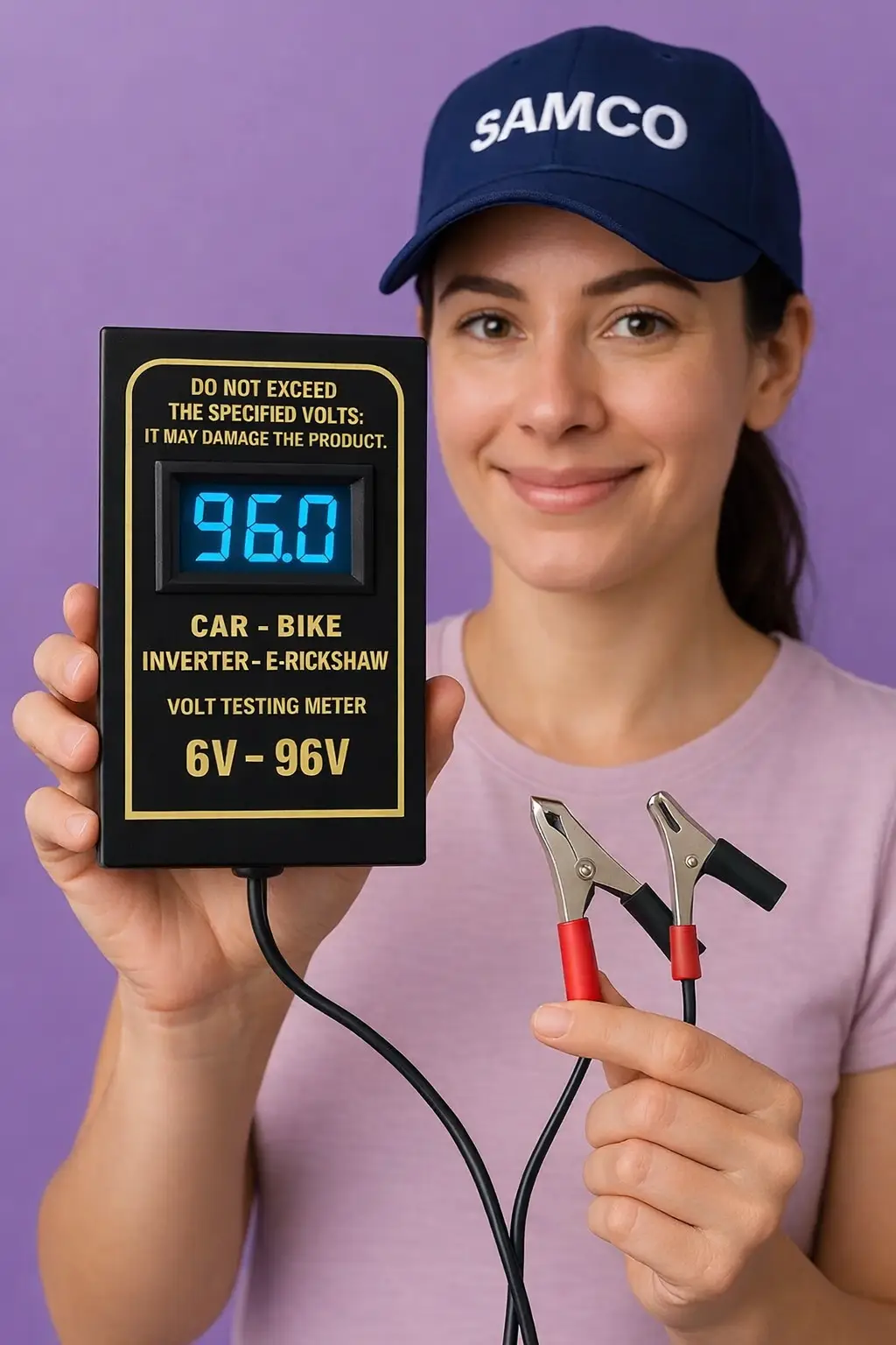 Samco 6V-96V digital battery voltage meter with backlit LCD display and solid metal casing