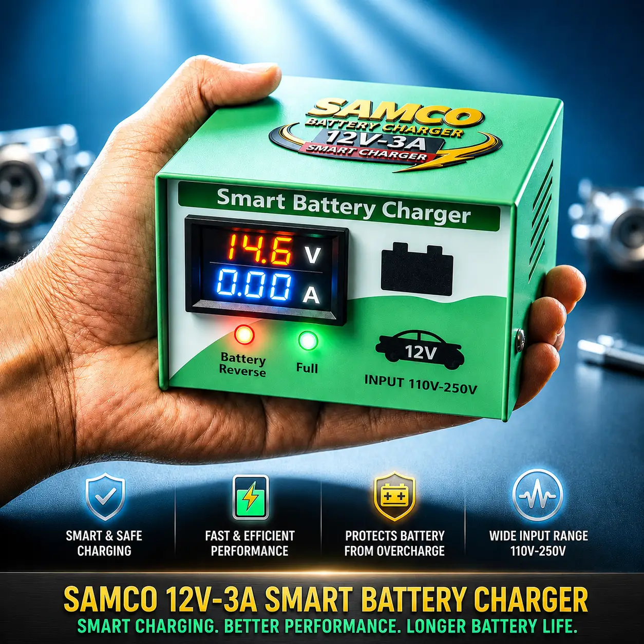 Samco 12V 3 Amp Bike Battery Charger – automatic cut-off at 14.6V, SMPS technology, digital display