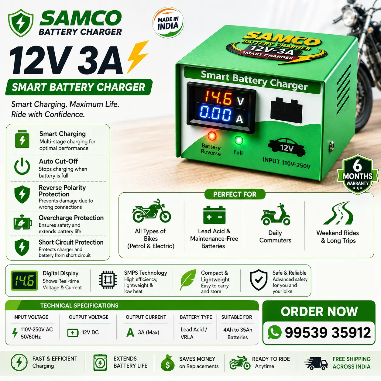 Samco 12V 3A smart battery charger infographic showing features, technical specifications, digital display, auto cut-off, reverse polarity protection, and compatibility with 12V lead-acid motorcycle batteries
